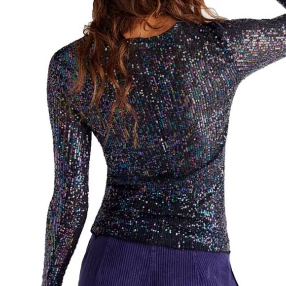 Free People Gold Rush Sequin Long Sleeve Top - Black Combo Size XS - Picture 4 of 8